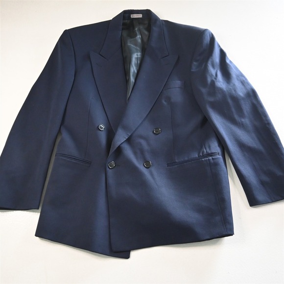 Vtg USA Made 44S Navy Gold Button 100% Wool Double Breasted Blazer Sport Coat - Picture 1 of 12